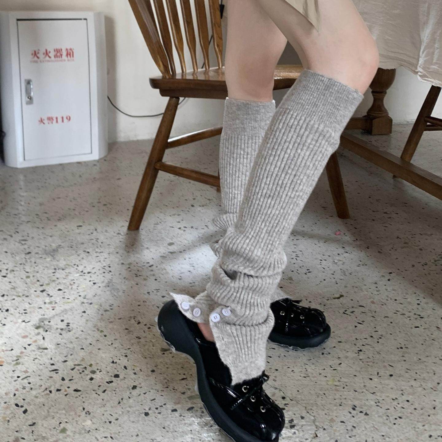 秋冬纽扣开叉袜套韩系芭蕾风