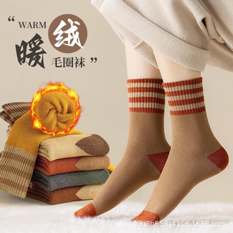 厚袜子女冬季毛圈中筒袜加绒保暖