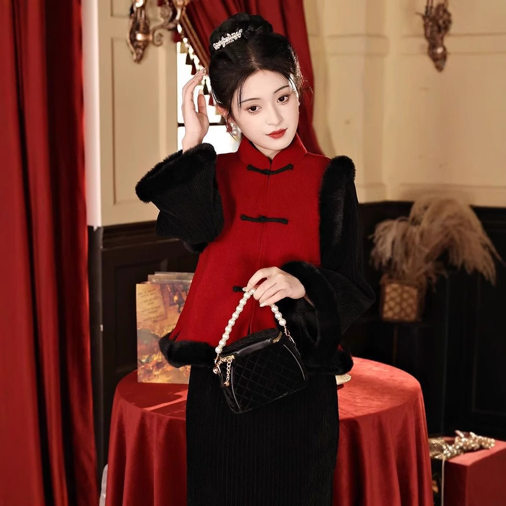 黑色旗袍套装秋冬季加绒厚过年