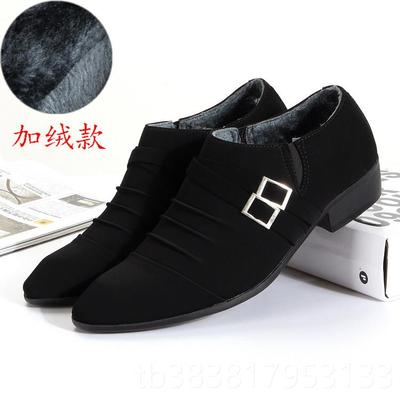 新款冬季英伦商务尖休闲磨砂加绒加厚套脚保暖头版棉皮鞋男士韩皮