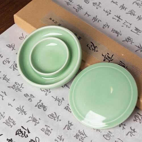 高档青瓷碟砚台书法专用练字砚台墨盛墨墨汁盒带盖子双圈防干墨创