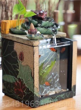 高档匠心坊景观茶台小鱼缸造景办公桌流创摆循件环水办公水室意微