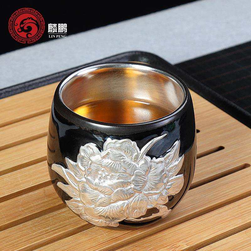 鎏银茶杯纯手工银杯子功夫手绘个人杯主人杯单杯大号