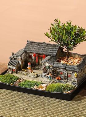 农家小院摆件复古建筑模型酒柜茶台茶桌茶室家居装饰客栈农家乐
