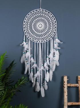 手工钩花白色羽毛吊饰捕梦网婚礼纪现场吊饰家居电视背景挂件