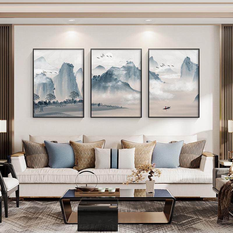 客厅装饰画水墨禅意山水画新中式沙发背景墙挂画现代简约三联壁画