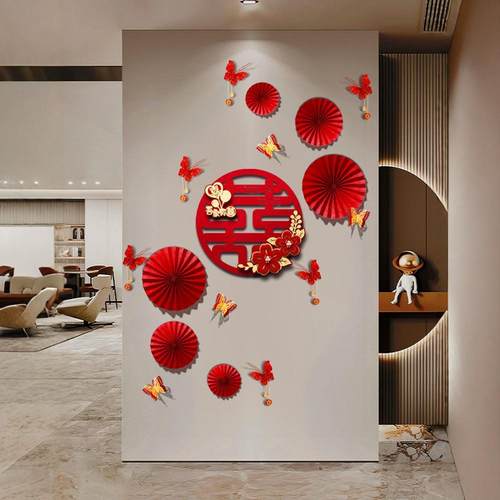 结婚客厅玄关背景墙装饰婚房布置套装婚礼新房楼梯墙男方房间拉花