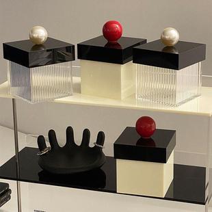 撞色搭配红球珍珠棉签盒亚克力条纹透明牙线火柴耳机数据线收纳盒