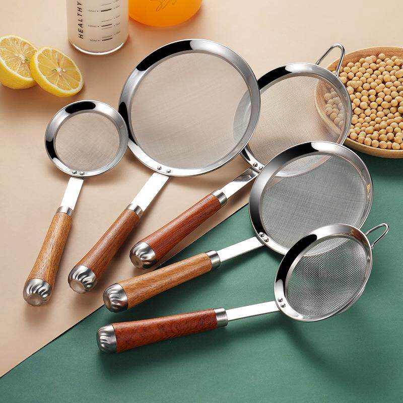 304不锈钢网漏 家用果汁豆浆面粉加密过滤网筛花梨木柄油格漏勺
