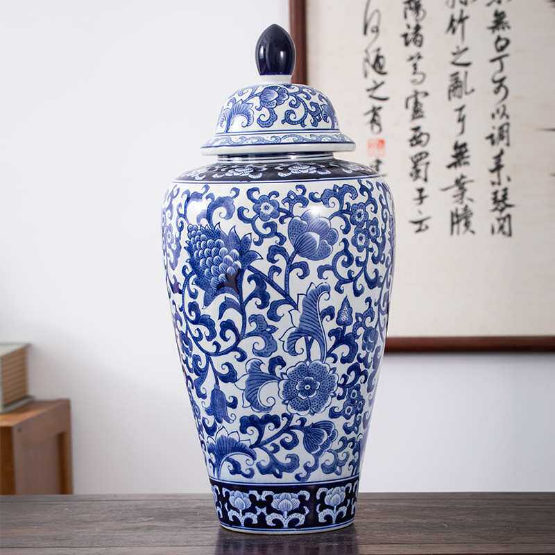 青花瓷缠枝莲落地大将军罐别墅中式陶瓷花瓶摆件大气陶瓷大花瓶
