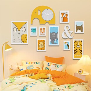 实木_6192_卡通实木照片墙儿童组合相框装 饰画大象真钟表可换相片