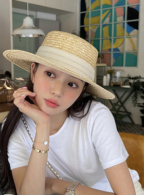 侧面cm平顶巴拿马草帽女新款防晒遮阳草编帽子法式海边沙滩编织帽