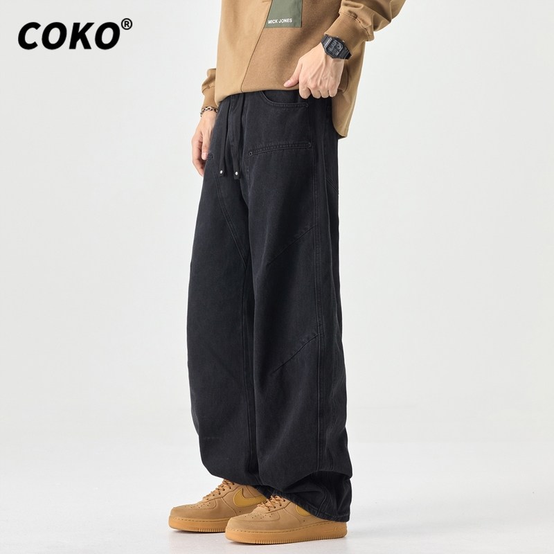 美式高街黑色弯刀牛仔裤男宽松直筒秋冬季松紧抽绳阔腿加长裤子男