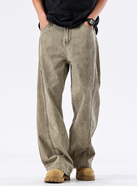 August卡其直筒牛仔裤男秋冬新款美式高街长裤子宽松男士休闲男裤