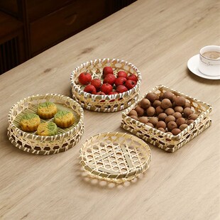 手工竹编干果盘水果篮竹篓茶点盘创意家用竹筐收纳筐篮子圆形簸箕