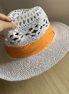 夏季白橙色帽子女太阳帽巴拿马沙滩手工编织草帽宽檐礼帽防晒度假