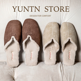 秋冬羊巴皮高级感情侣PU皮防水棉拖鞋女室内防滑牛筋底男轻便轻声