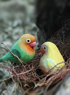 鹿妖商店 肥啾木雕小鸟 绿牡丹鹦鹉 黄桃牡丹鹦鹉 纯手工实木摆件