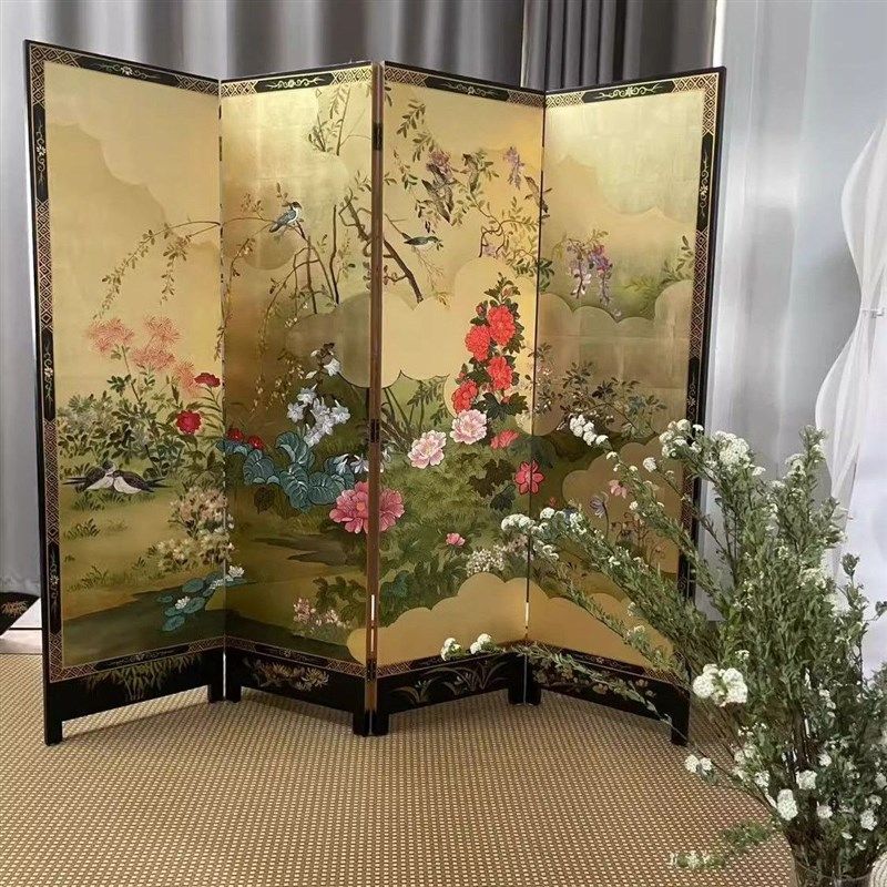 新中式手绘金银箔花鸟屏风客厅卧室漆画隔断遮挡茶室会所玄关折屏