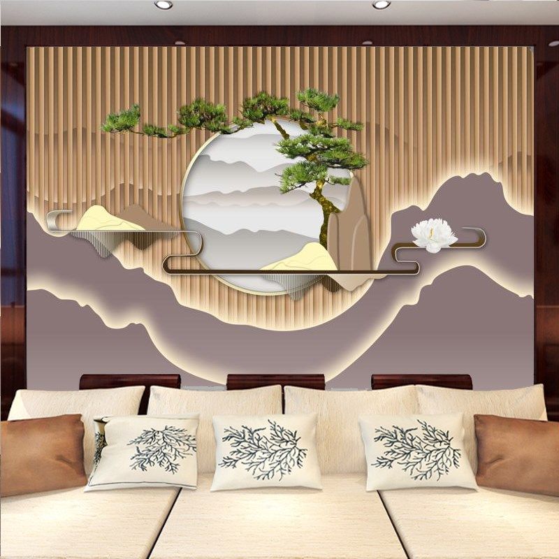 自粘墙贴新中式禅意山水背景墙壁画客厅装饰画酒店养生馆茶室壁纸,家居饰品,软装墙贴,淘宝优惠券,粉丝福利购,淘宝优惠卷