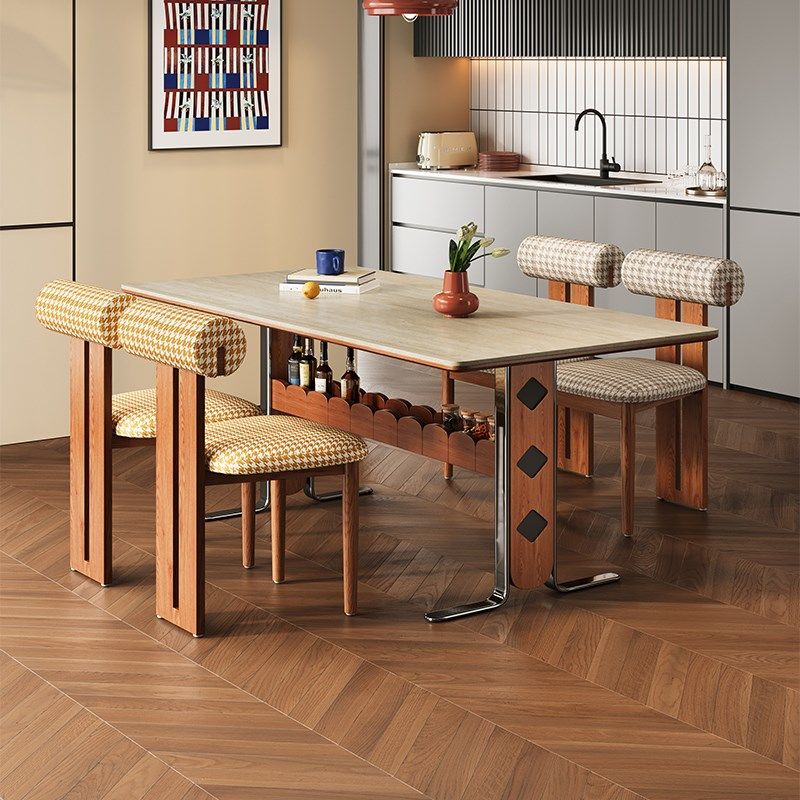 法式复古洞石岩板餐桌长方形设计师家用中古风实木包豪斯岛台饭桌