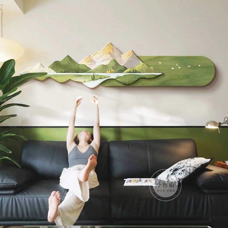 日照金山中古风客厅装饰画绿色高级感沙发背景墙挂画法式带灯壁画,家居饰品,氛围画/灯画,淘宝优惠券,粉丝福利购,淘宝优惠卷