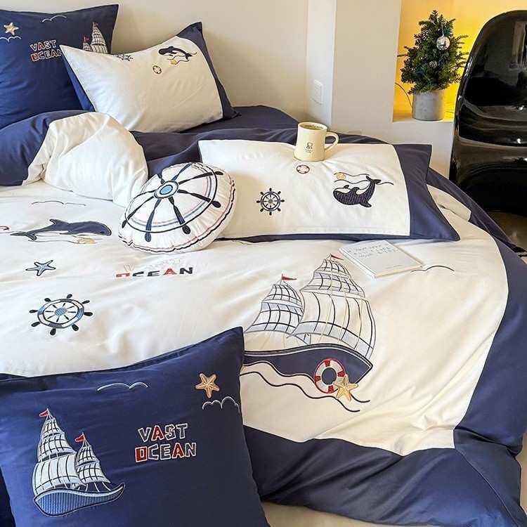 送抱枕卡通纯棉磨毛四件套男孩帆船刺绣加厚1.2m秋冬被套床品蓝色