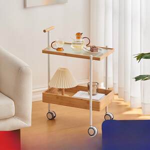 橙舍客厅卧室小推车可移动沙发边几藤编玻璃茶几餐边桌收纳置物架