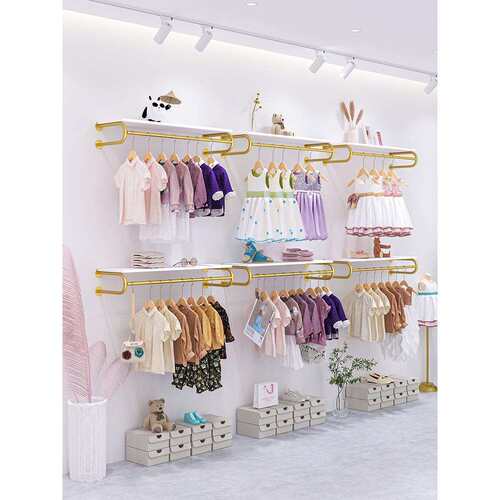 儿童服装店展示架上墙壁挂式货架铁艺金色陈列架组合童装店挂衣架