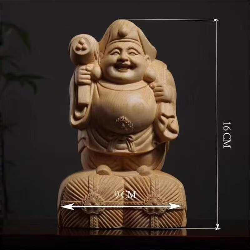 桧木雕刻大黑天门护法七福木质工艺品像木雕摆件
