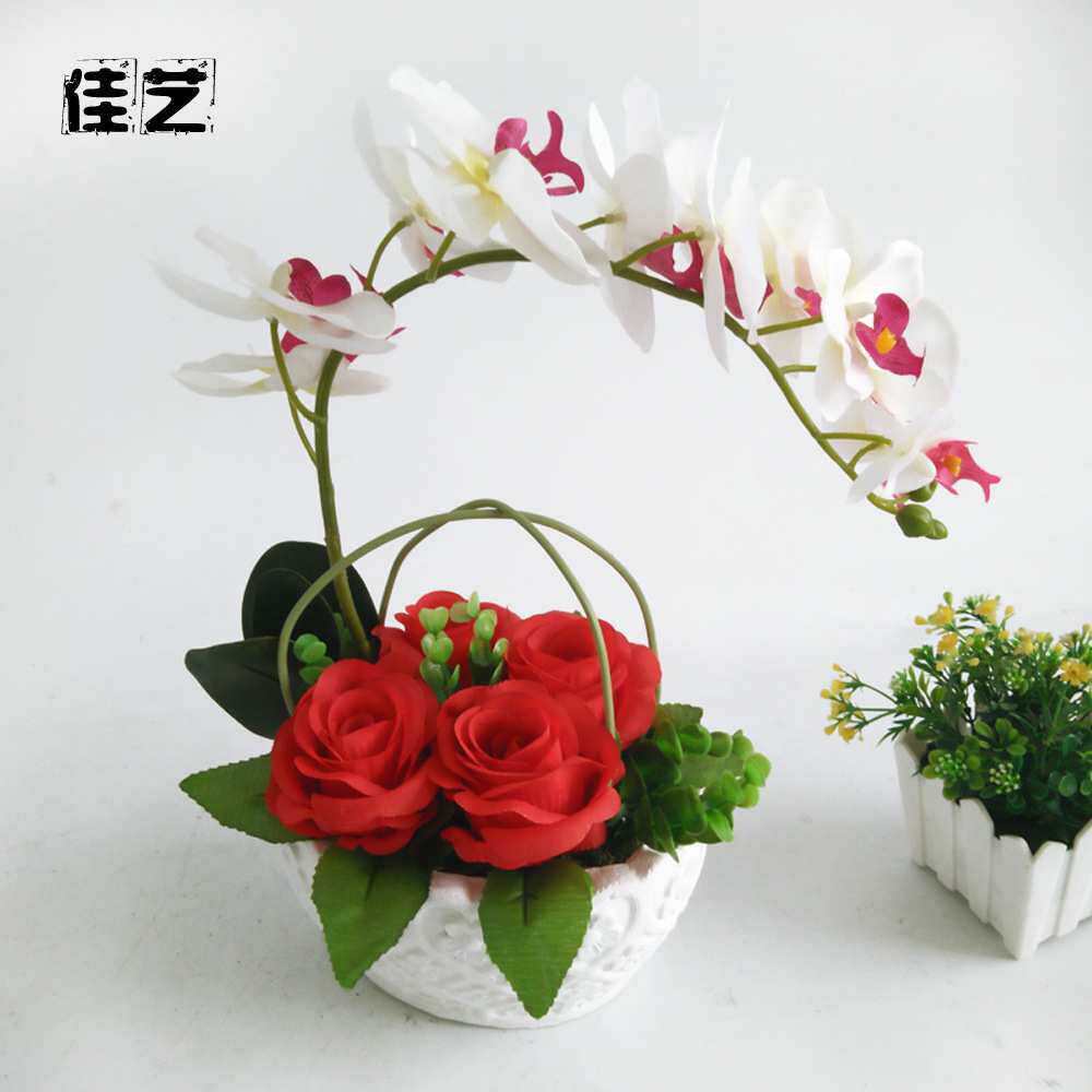 场地布置道具仿真玫瑰花盆栽套装 人造时尚干花蝴蝶兰盆景绿植