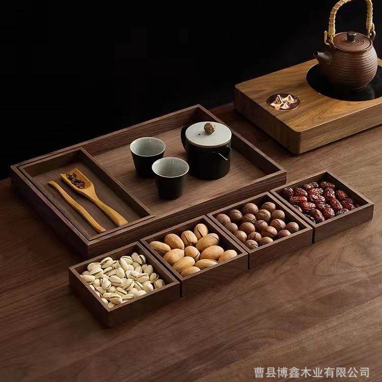 长方形木质茶水盘家用茶杯水具托盘六件套黑胡桃实木日式收纳盘
