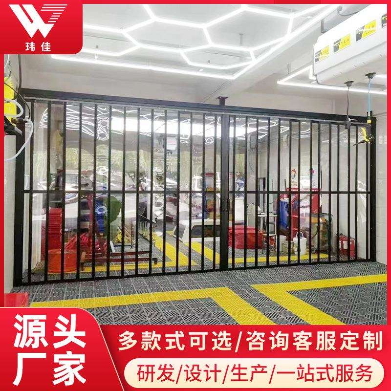 弧形折叠水晶门商铺门门店侧卷铝合金折叠门侧卷水晶推拉门可折叠