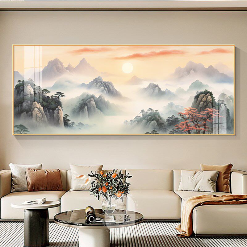 旭日东升客厅装饰画办公室沙发背景墙山水风景挂画靠山图东墙壁画