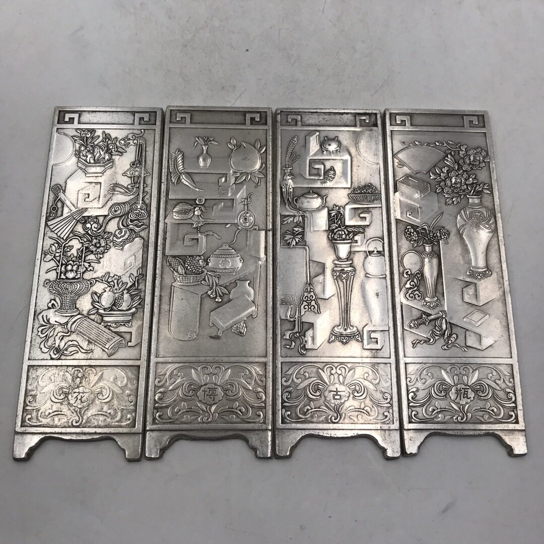 仿古铜花瓶屏风摆件精美铜镀银小屏风四组一套家居装饰工艺礼品