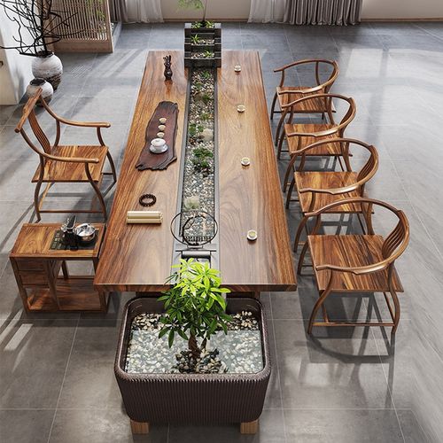 新中式循环流水养鱼茶桌创意茶台景观一体曲水流觞实木茶桌椅组合