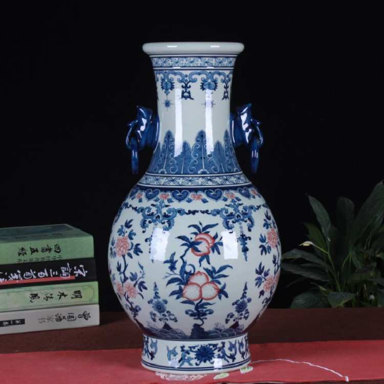 纯手工制作青花釉里红大号将军罐带盖 玄关柜台中式装饰品批