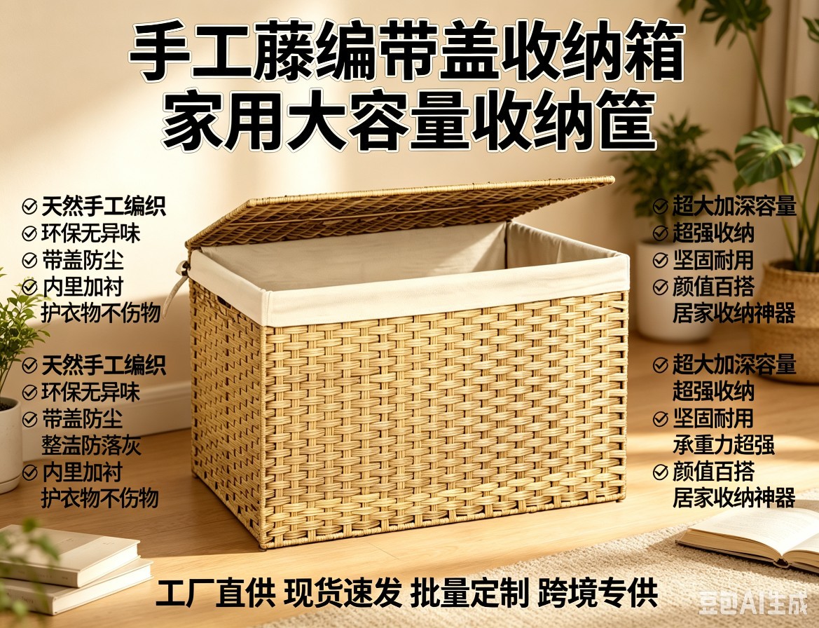 仿藤编带盖储物筐大容量衣服收纳整理箱家用洗衣篮浴室卫生间衣篓