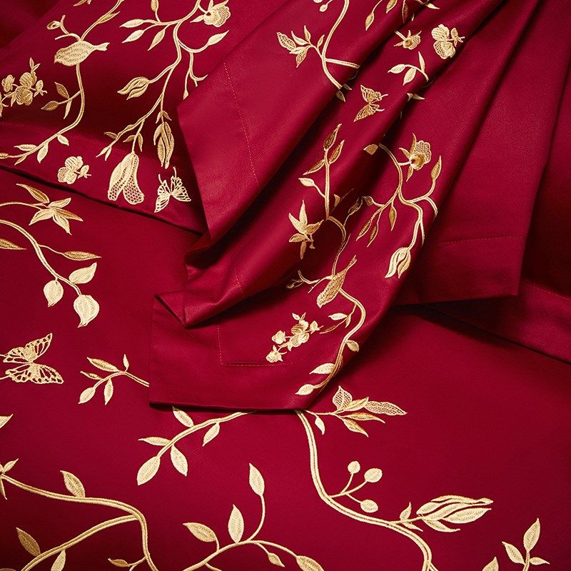 高端婚庆四件套100S长绒棉红色刺绣被套纯棉床单结婚礼物床上用品