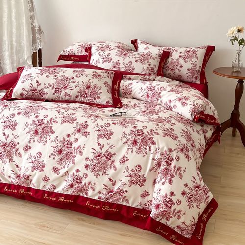 简约红色结婚印花100支长绒棉纯棉四件套喜被陪嫁新婚庆床上用品4