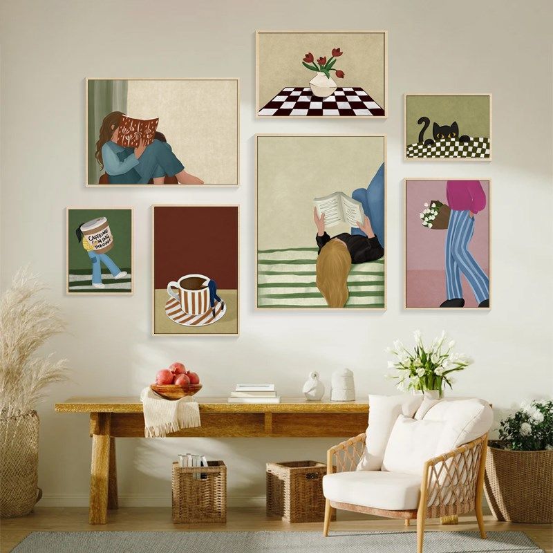 卧室床头装饰画轻奢高级感抽象人物壁画餐厅原木风画女生阅读挂画