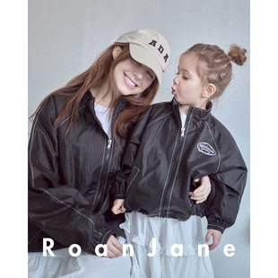 韩国RoanJane童装亲子装外套儿童黑色拉链外套女宽松廓形夹克上衣