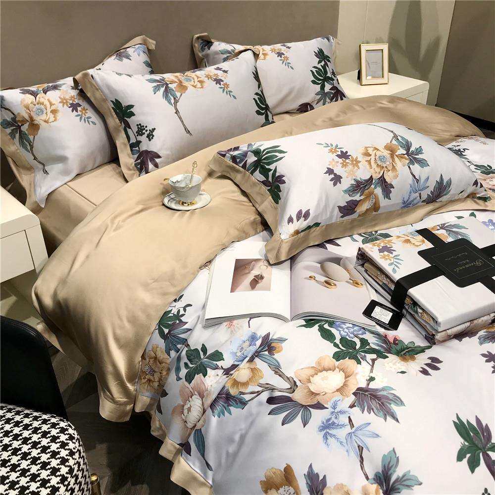 60支奥地利双面天丝四件套贴边简约田园数码印花被套床上用品