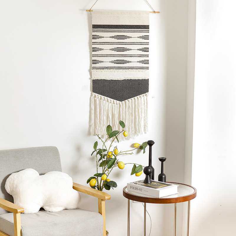 细条纹丝网印花亚马逊欧美墙壁装饰ins壁挂编织簇绒流苏挂毯