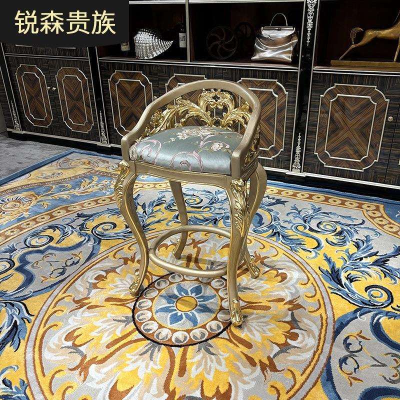 锐森贵族 法式布艺吧椅 欧式实木雕花高脚椅 绣花香槟色吧椅