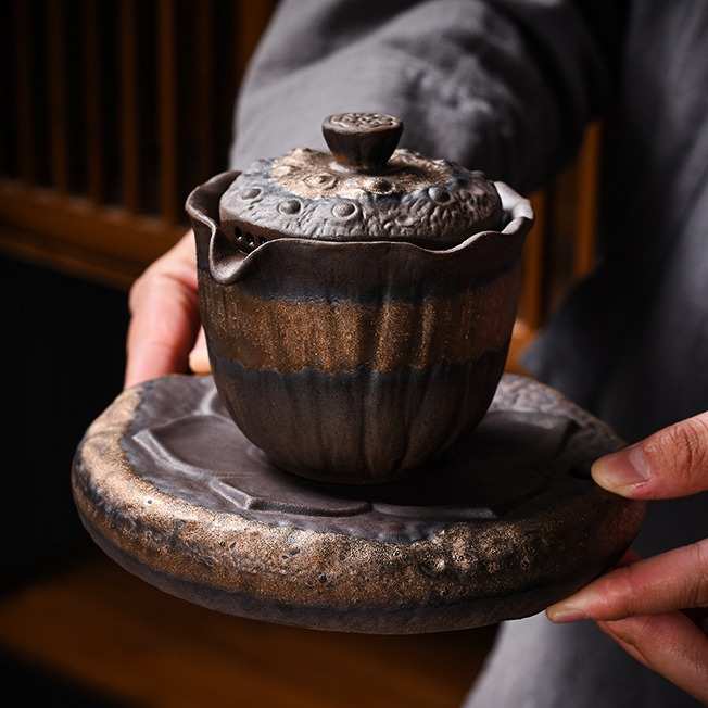 德玉堂粗陶复古鎏金手抓壶日式纯手工茶壶家用分茶器带壶垫茶组