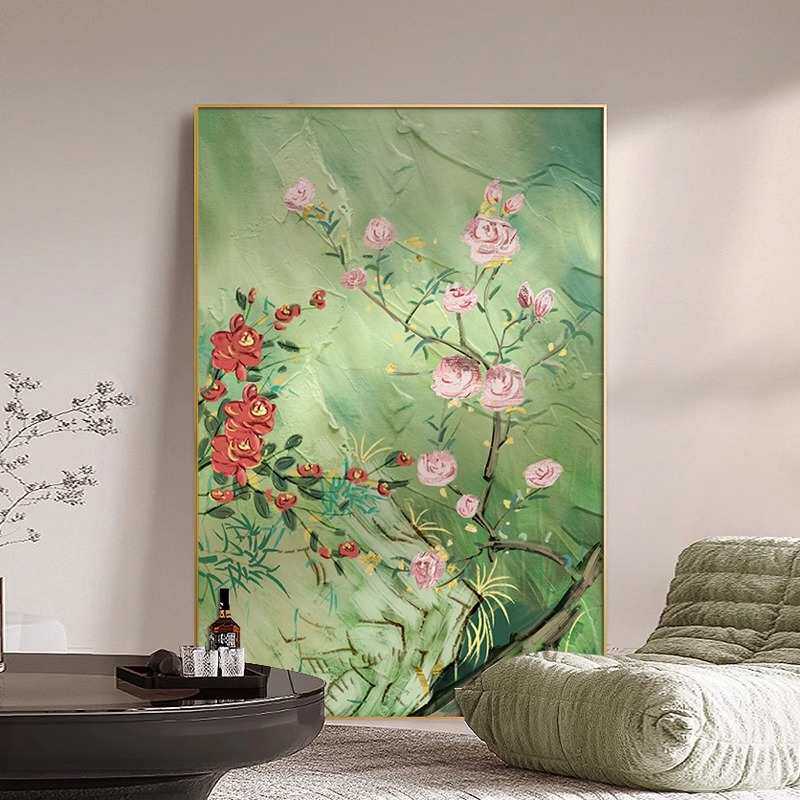 玫瑰花落地画肌理感沙发背景墙装饰画绿色艺术感玄关挂画客厅壁画