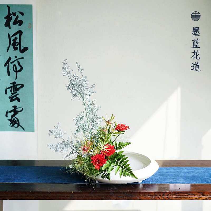 小原流花器四脚水盘 禅意白色中式插花器皿日式花道花盘创意花盆