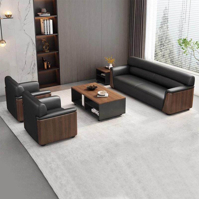 总裁公室大气沙发茶几套装木纹西皮商务老板会客区接待沙发