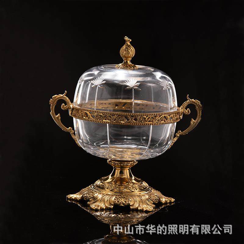 美式高档奢华样板房别墅水晶镶铜水果盘 欧式古典软装客厅摆件